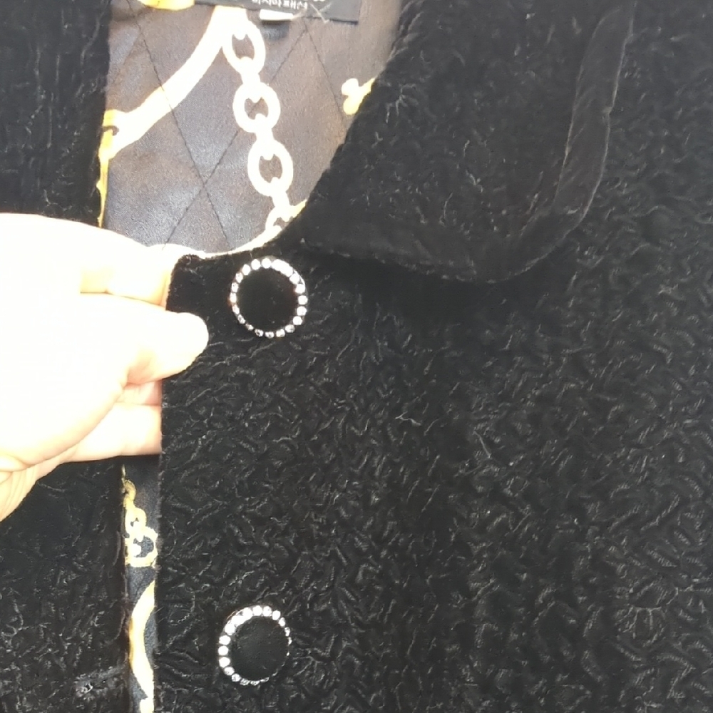 Women's Black velvet Coat with Decorative Chain-Print Lining Sz L - Picture 7 of 12